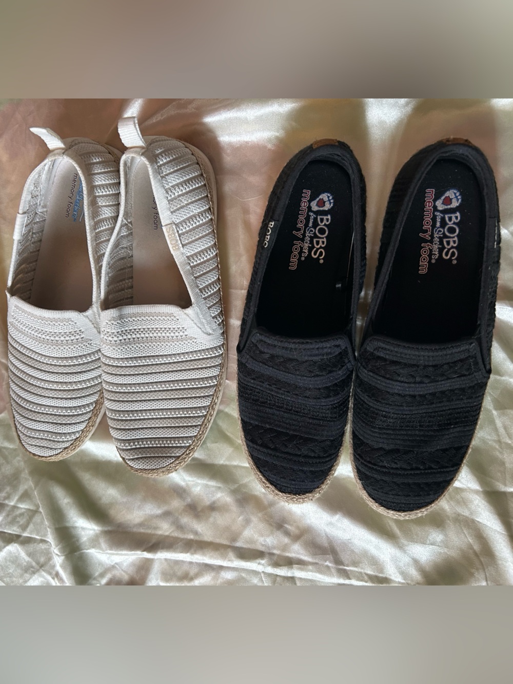 Pair of size 8.5 BOBS by Skechers Slip-On Espadrille Flats - Black & White